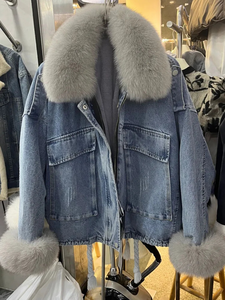 DFDG Autumn And Winter Simple And Fashionable Zipper Fur With Thick Velvet Detachable Denim Jacket For Women 241217