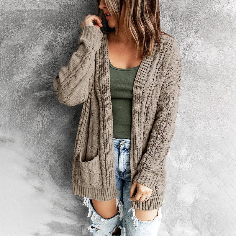 Solid pocket middle long solid Fried Dough Twists knitting cardigan coat autumn and winter sweater women 241220