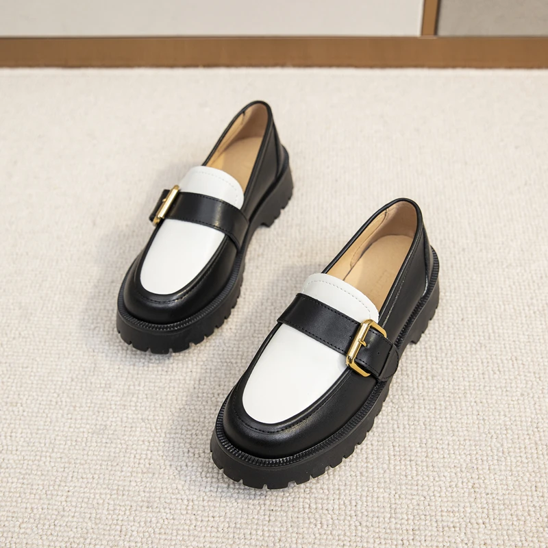 Shoes Women Loafers Genuine Leather Spring Big Size British Style School Girl Shoes Color Matching Fashion Oxford Shoes Women