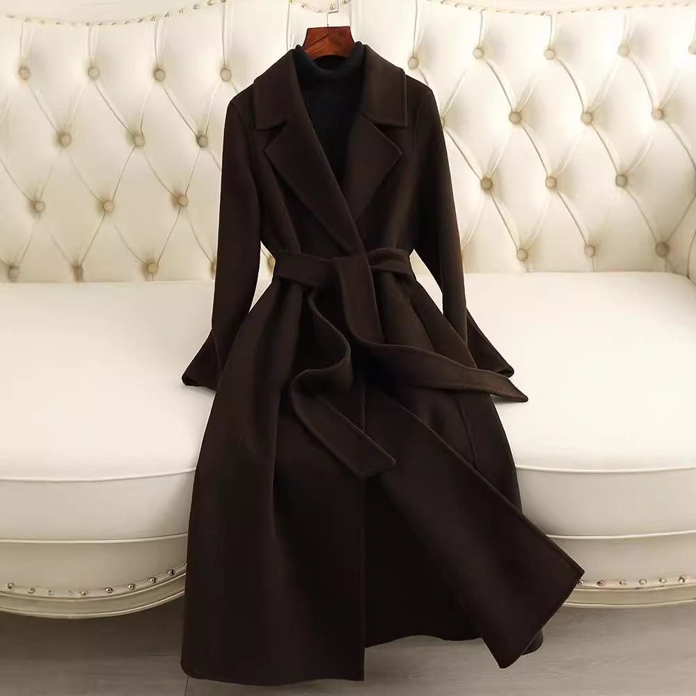 D4030 Double-faced cashmere coat for women, mid-length, 2024 autumn and winter new style, over-knee, slim fit, straight shoulder wool