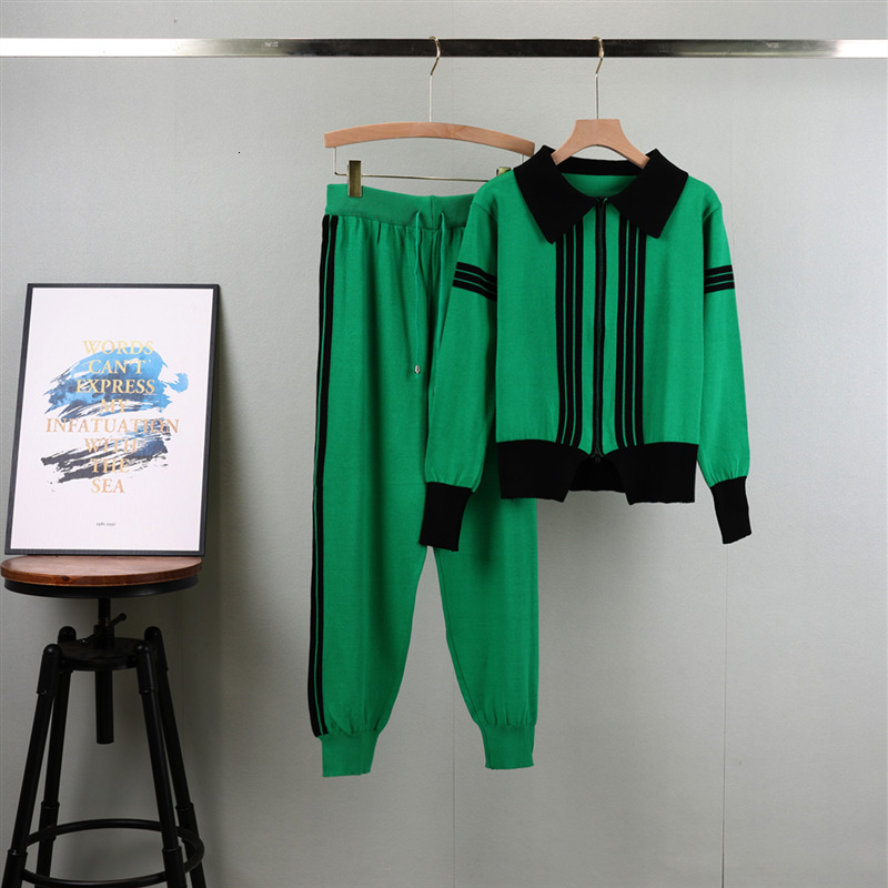 Leisure Sports Knitted Long Sleeve Women's new Autumn New Stand Collar Zipper Cardigan Trousers 2Pcs Track Suit