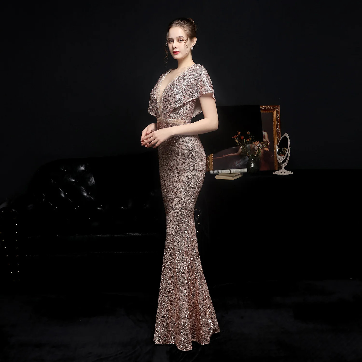 DEERVEADO Elegant Gold Sequin Dress for Women Evening Dress with Beads Cap Sleeve Mermaid Party Dresses Evening Gown K18611 241217