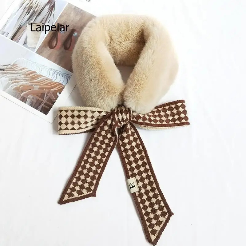 Autumn Winter Houndstooth Fashion Crochet Knitted Scarf Foulard Femme Faux Fur Collar Neck Warmer Scarves for Women 241220