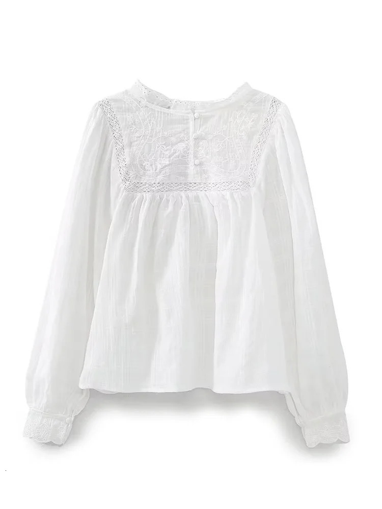 Willshela Women Fashion y White Hollow Out Blouse Vintage ONeck Long Sleeves Female Chic Lady Shirts 241218