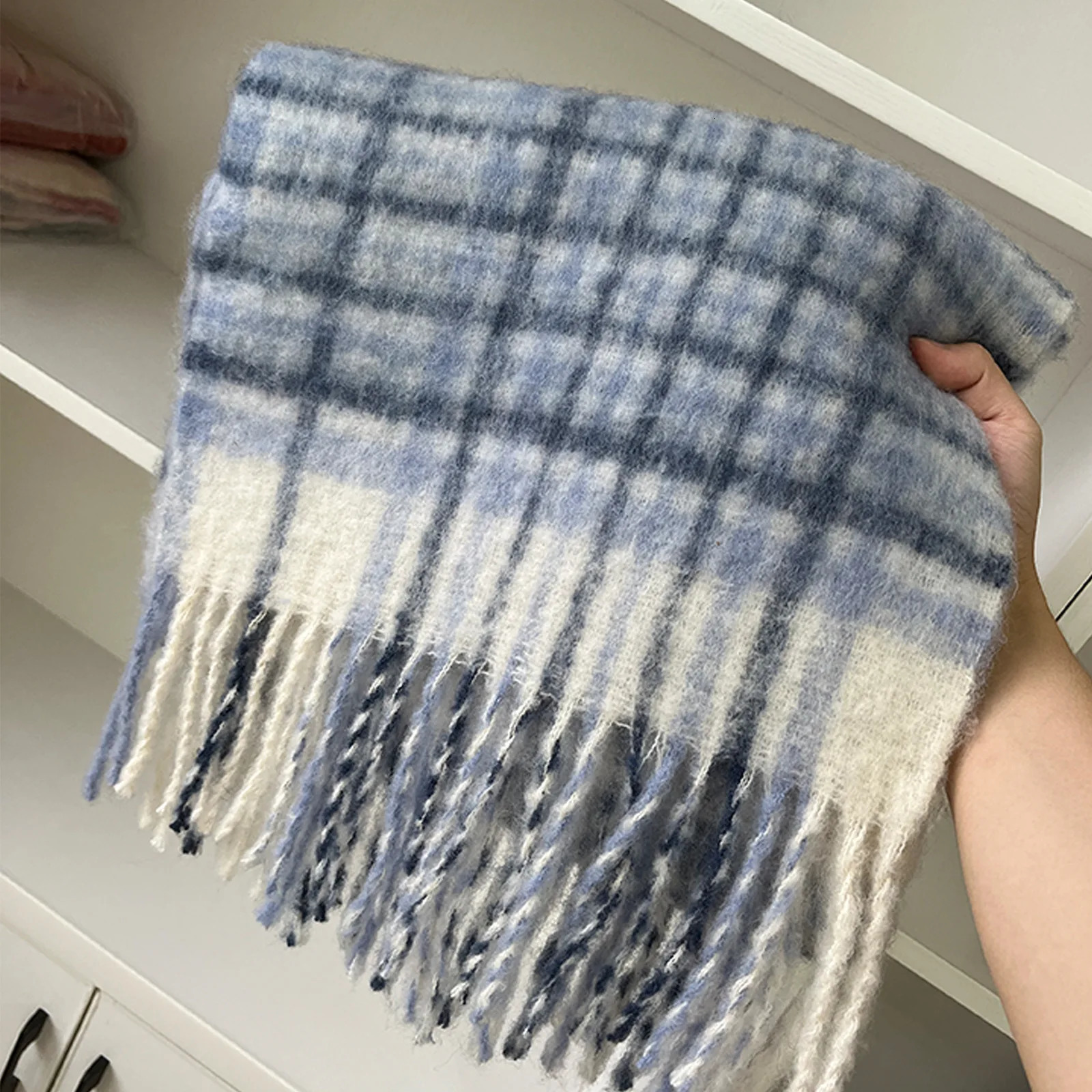 Plaid Scarf With Wool Tassel Winter Mohair Warm Scarves For Men And Women 200*37CM 241220