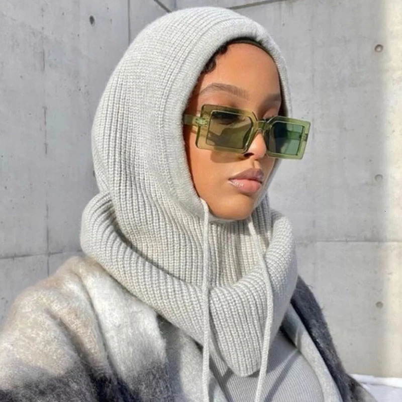 Women Windproof Hooded Scarf Hats Skullies Solid Color Knitted Pullover Drawstring Balaclava Winter Warm Hat Beanie Cap 241214