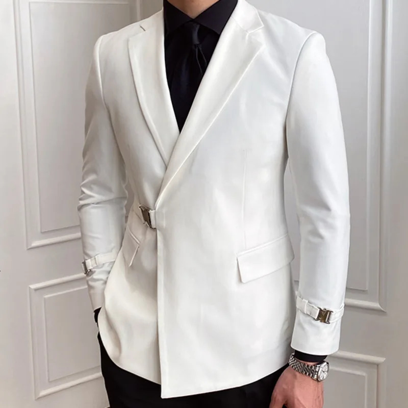 Solid Metal Buckle Decoration Blazer For Men Party Wedding Banquet Business Casual Slim Fit Suits By Italian ners 241218