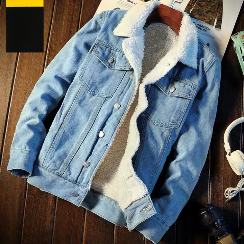 Mens Warm Denim Jackets Winter Thick Fleece Jeans Jacket Male Lapel Button Casual Slim Outwear Windbreaker Cow Coat 241216