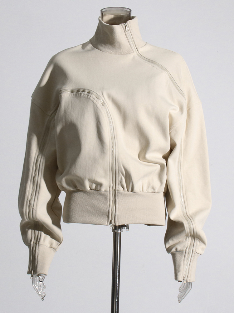 TWOTWINSTYLE Solid Patchwork Zipper Streetwear Sweatshirts For Women Tuntleneck Long Sleeve Pullover Sweatshirt Female Fahion