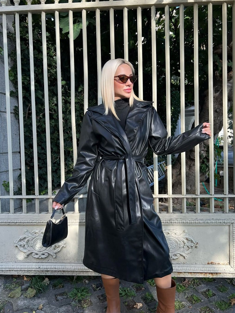 Pu Leather Trench Coat Women Vintage Belted Longe Solid Turn-Down Collar Long Sleeve Party Wear Casual Fashion Streetwear New