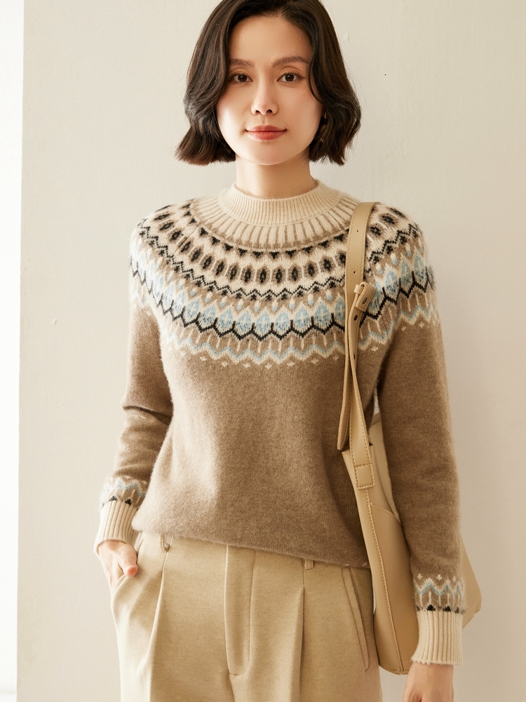 Women's Vintage Mock Neck Pullover Autumn Winter 100% Cashmere Knitwear Thick Jacquard Sweater Tops