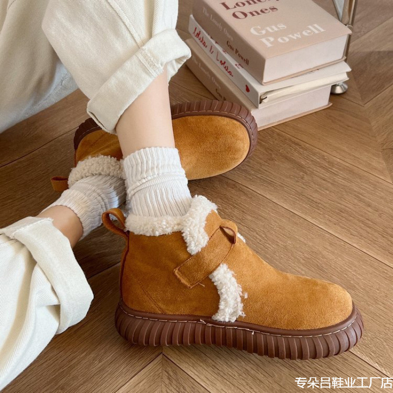 Brown snow boots for women's autumn and winter Bocken shoes with plush and thick fur, round toe thick sole, warm short cotton boots
