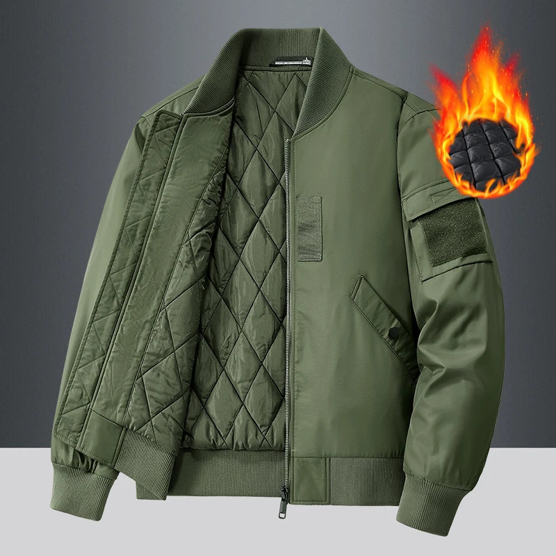 Autumn/Winter Mens Thick Jacket with Velvet Outdoor Warmth Multi Pocket Work Coat Solid Color Stand Collar Mens Baseball Suit 241216