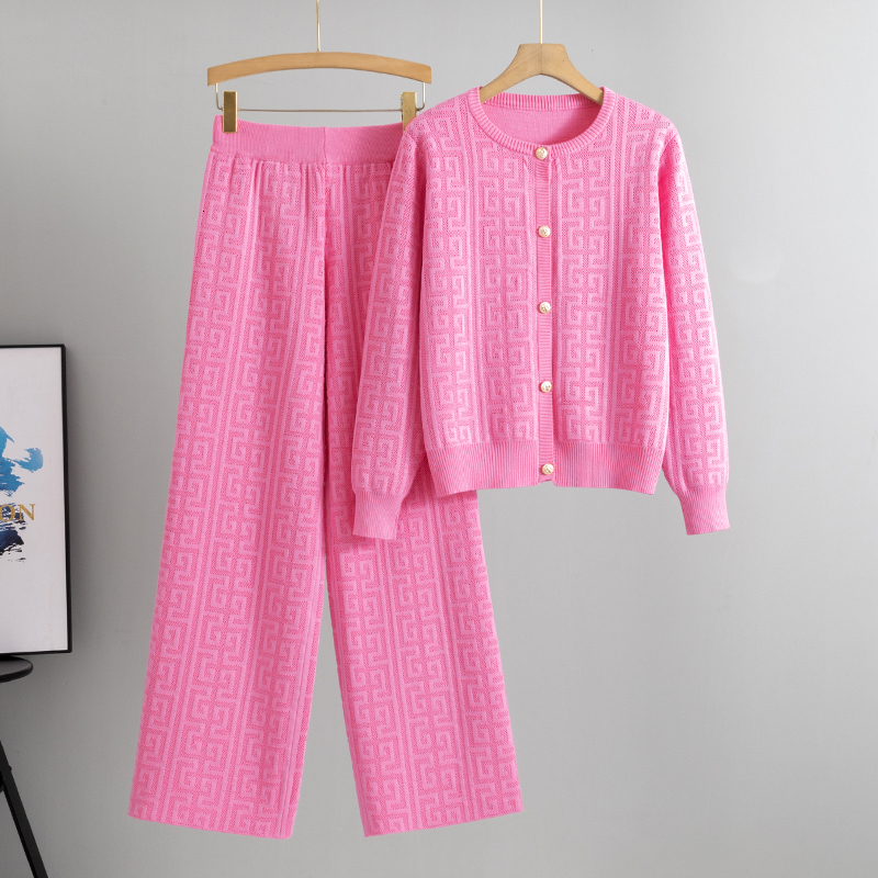 Women Elegant Knitted 2 Piece Sets Korean O-Neck Single Breasted Knit Cardigan Conjuntos Casual High Waist Sweatpants Outfit New