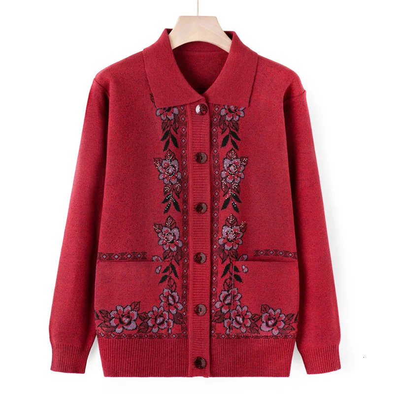 Middle Aged Elderly Mother Woolen Coat Lapel Collar Women Spring Autumn Knitted Cardigan Sweater Female Knitwear Jacket 241220