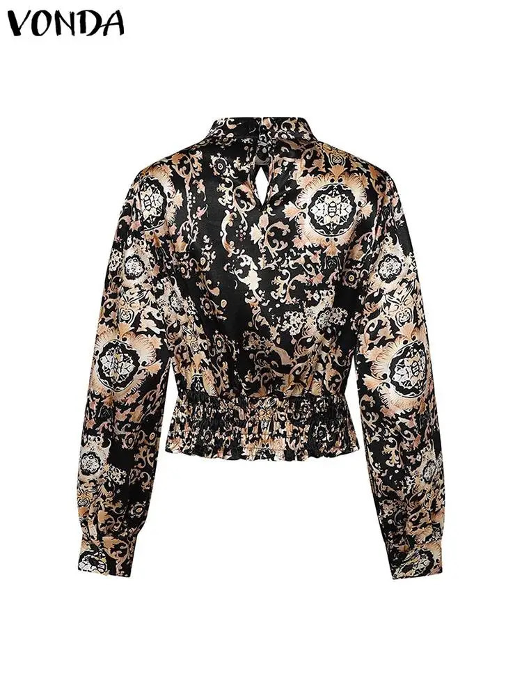Plus Size VONDA Women Blouse High Neck Hollow Out Blusas Casual Long Lantern Sleeve Print American Style Fashion Sexy Tops 241218