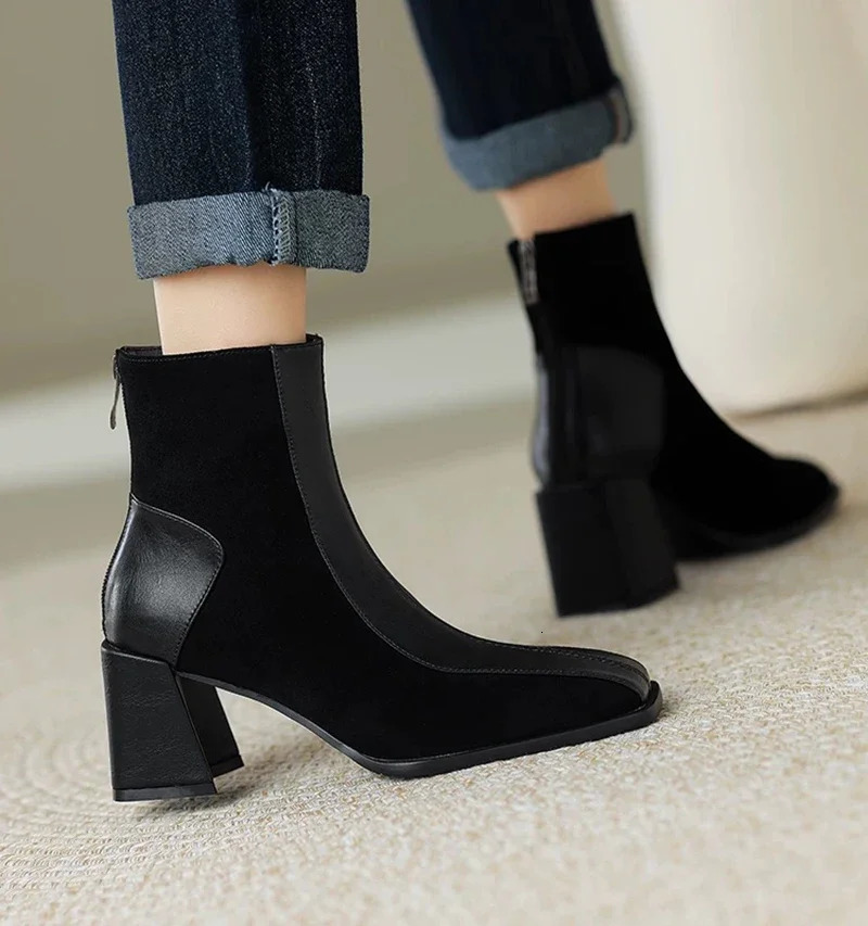 Vintage Square Toe Women Ankle Boots Fashion Back Zippers Short Booties Autumn Winter Ladies Concise Office Thick Heels Shoes 241213
