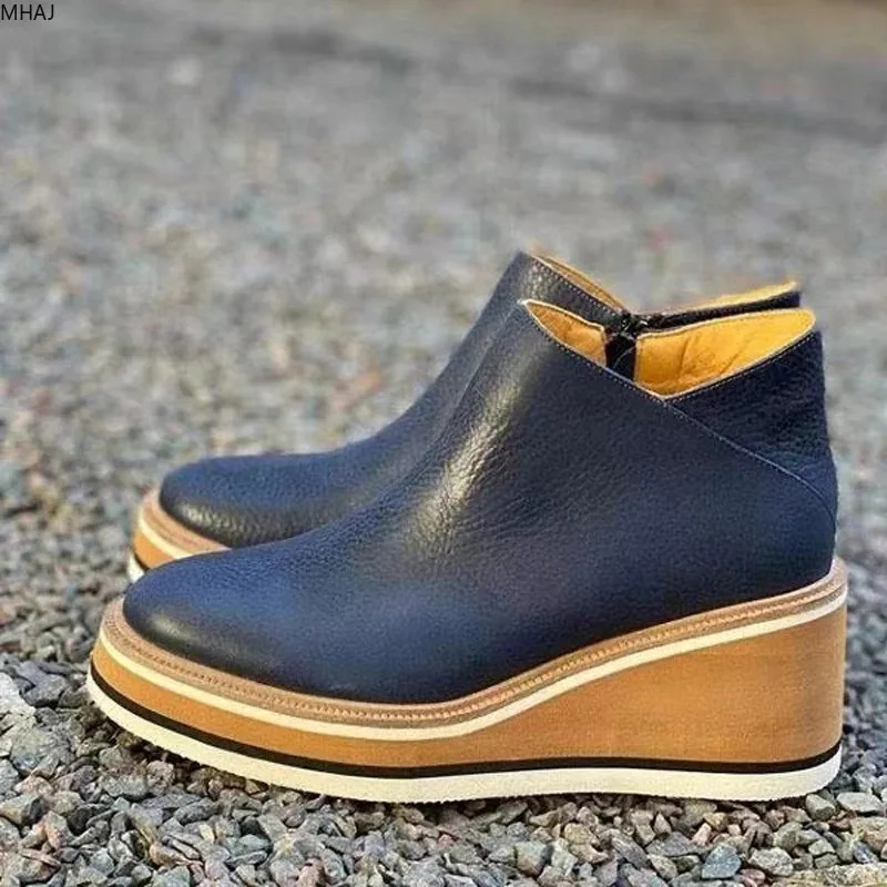 For Women 2024 Fashion Boots Zip Women's Round Head High Heels Autumn Winter Cowboy Wedge Shoes Ladies Botas De Mujer