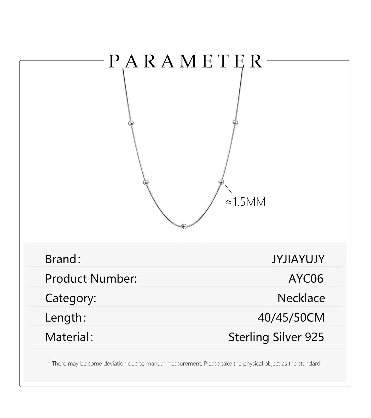 JYJIAYUJY 100% Sterling Silver S925 Necklace 40/45/50CM Snake Chain With 1.5MM Ball Rhodium Plated Jewelry Gift Daily AYC06 241220
