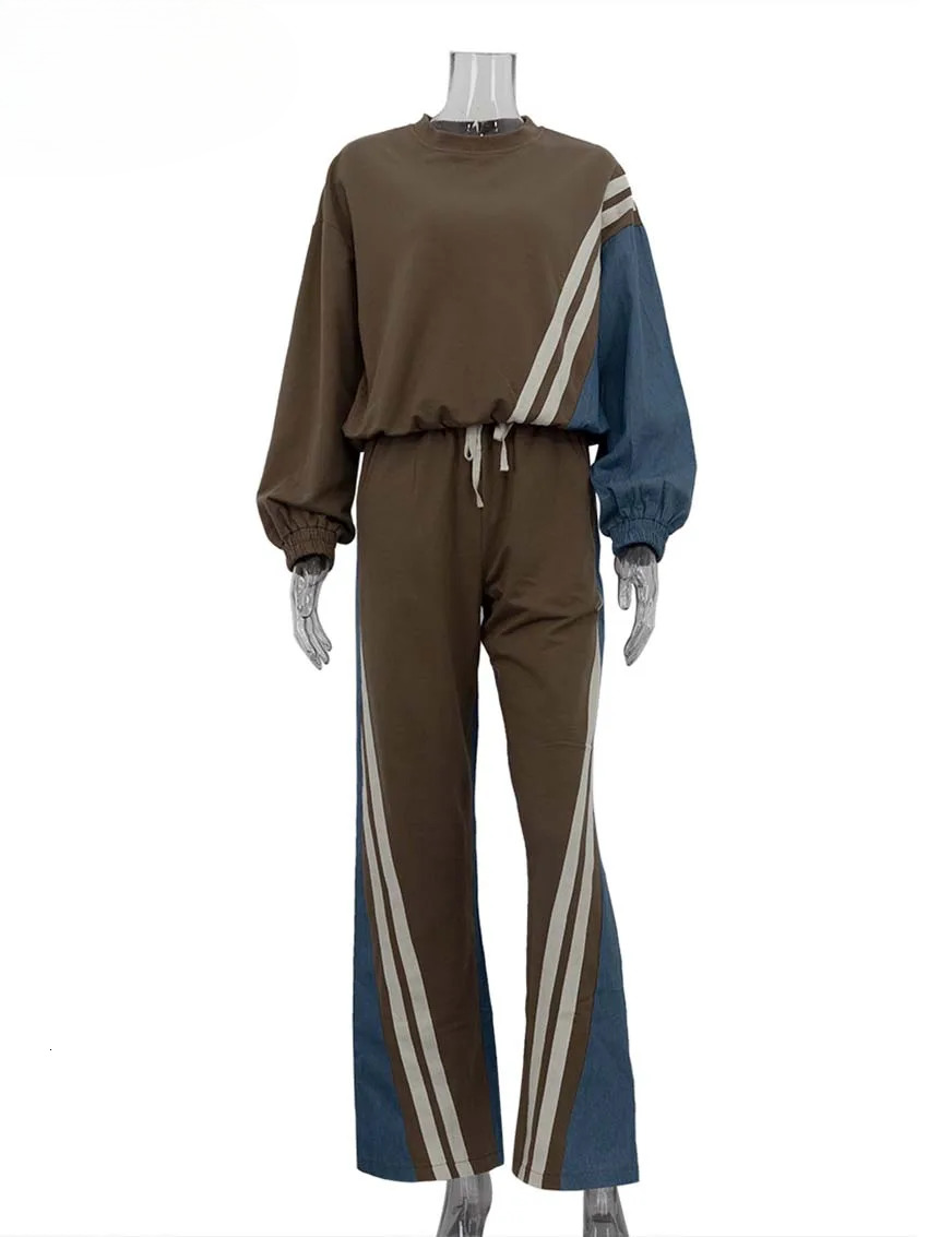 Casual Blue Patchwork Sets For Women 2 Pieces O-Neck Long Sleeve Blouse And Drawstring Straight Sweatpants Set Streetwear