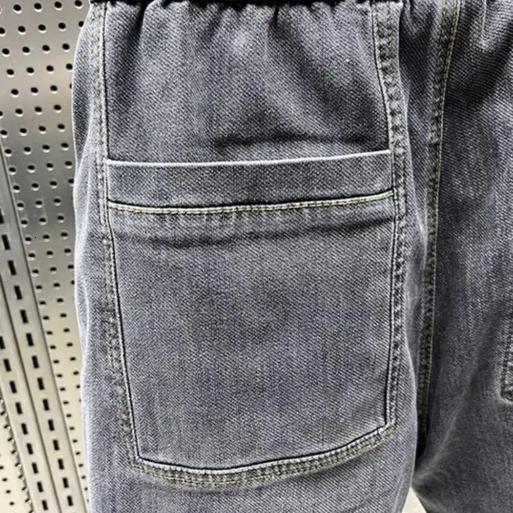 Spring Autumn Men Jeans Elastic Drawstring Waist Pockets Denim Trousers Solid Color Casual Cargo Harem Pants Mens Clothing 241219