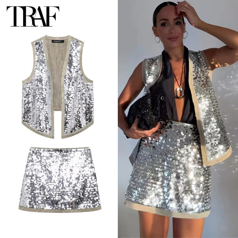 TRAF 2024 Sequin Open Vests for Women Glitter Sleeveless Vest Woman Summer Waistcoat Top Fashion Lady 241220