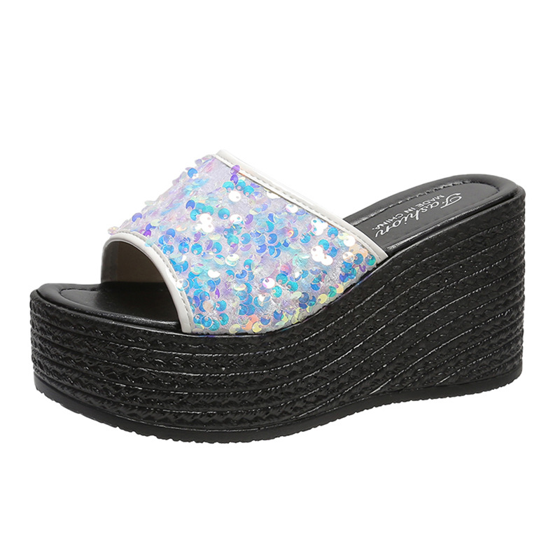 Summer new foreign trade large size women's wedge sandals sequined European and American style casual comfortable black soles 34-43