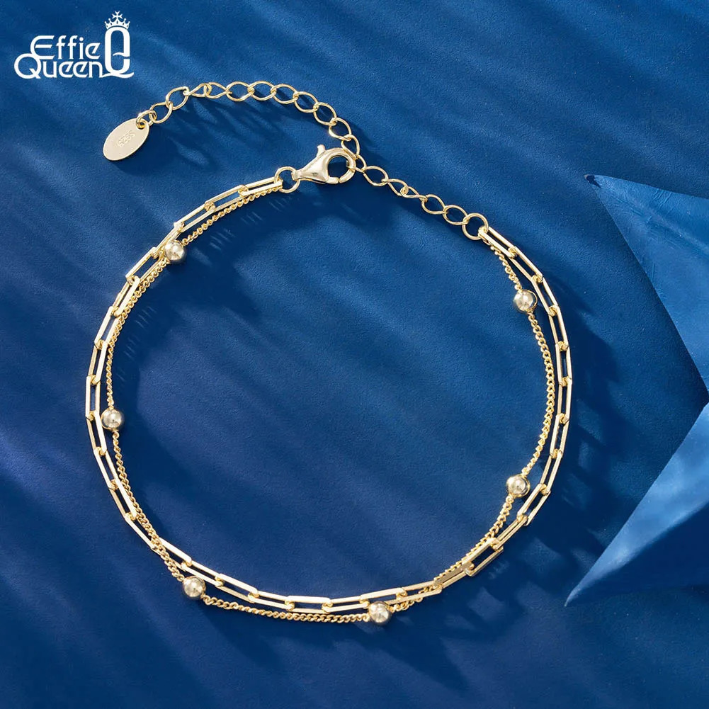 EFFIE QUEEN 14K Gold Dual Layers Paperclip Link Chain Bracelet 925 Sterling Silver Ball Decor Women Bracelets Jewelry Gift SB175 241214