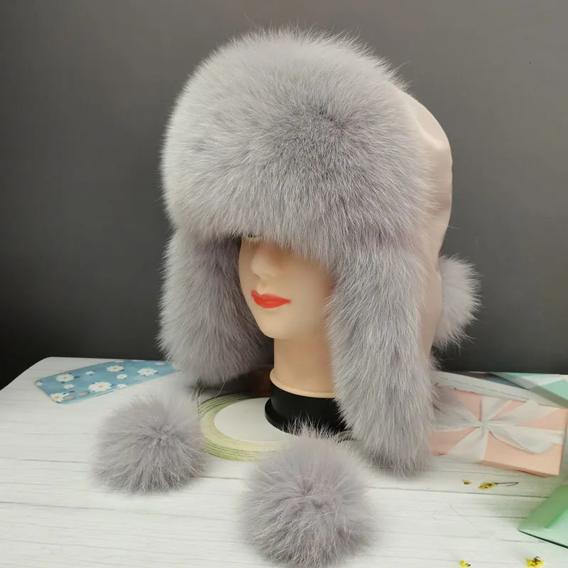 Womens Lei Feng hat fashionable cute hat 100% real fox fur hat ski hat warm and soft Russian womens hat natural fox fur ball hat 241220