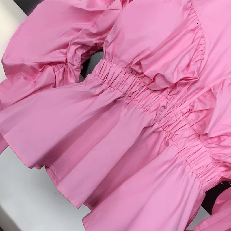 Spring Sweet Ladies Blouse Elegant Lantern Sleeve Slim Fit Shirts Streetwear College Pink White Ruffle Tops Female 241218