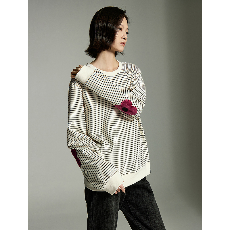 Toyouth Women Plush Sweatshirt 2023 Winter Long Sleeve O Neck Loose Hoodies 3D Wer Embroidery Black White Stripes Warm Tops
