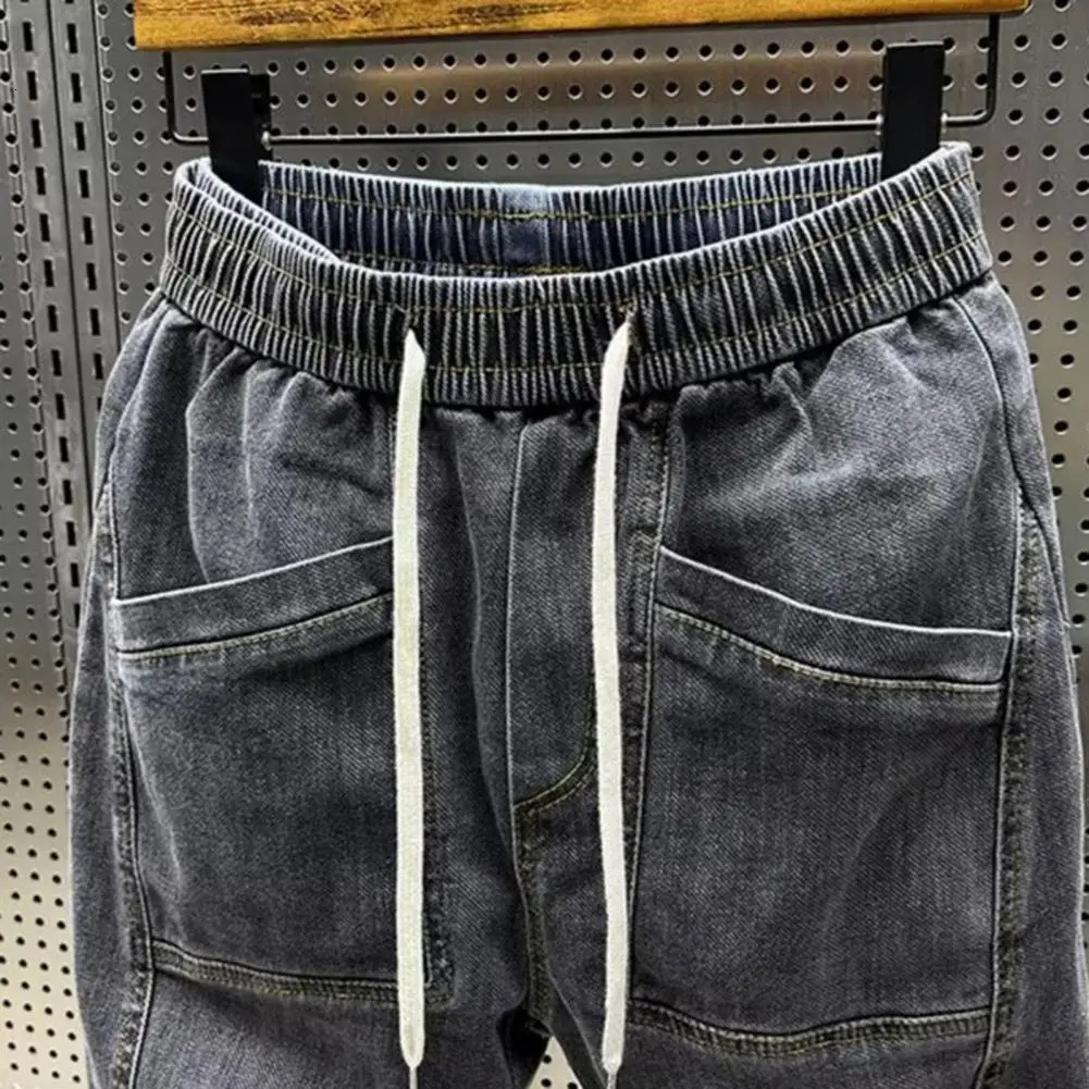 Spring Autumn Men Jeans Elastic Drawstring Waist Pockets Denim Trousers Solid Color Casual Cargo Harem Pants Mens Clothing 241219