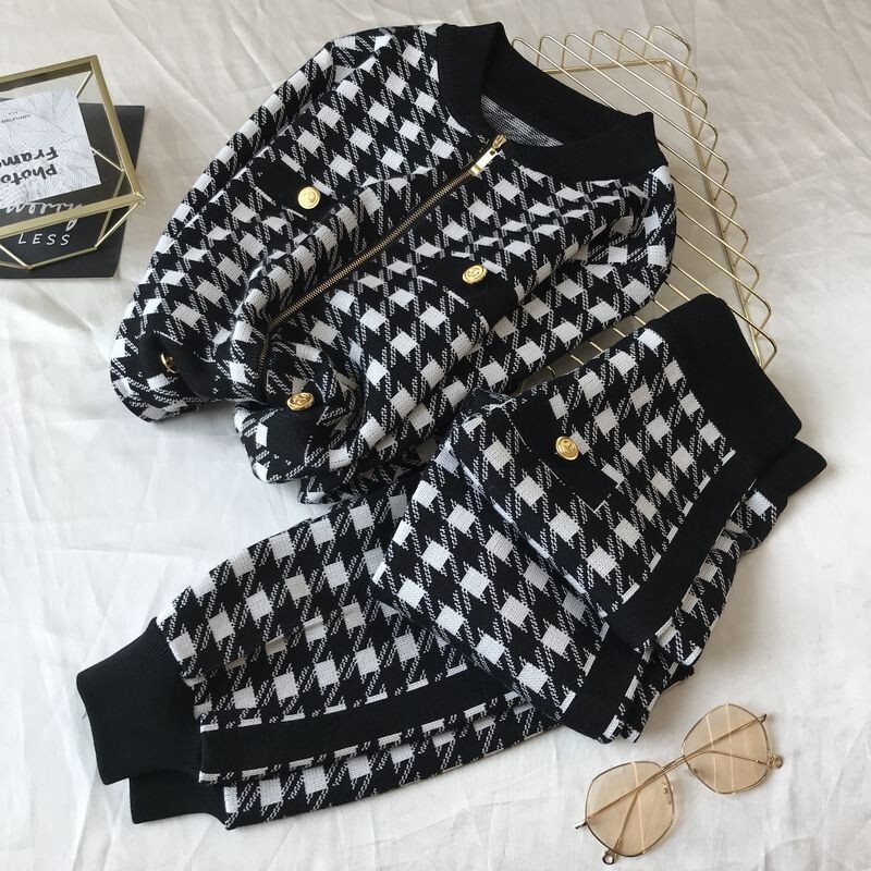 Spring Women Knit Sweatshirts Suit Knitted Tracksuit Houndstooth 2 Zipper Plaid Cardigan Coats Pants Two Piece Set