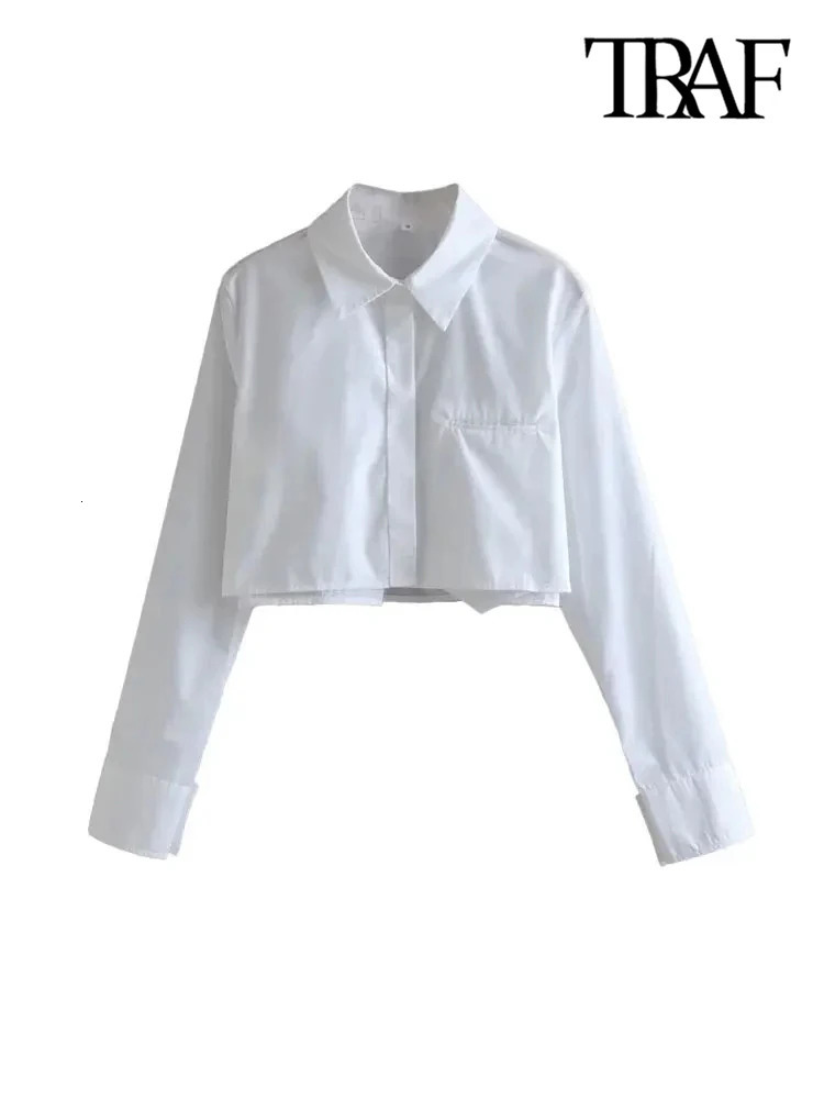 TRAF Women Fashion Loose Cropped Shirts Vintage Long Sleeve Front Button Female Blouses Blusas Chic Tops 241218