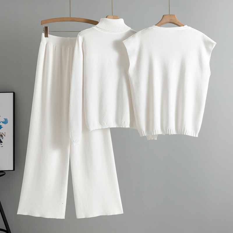 2025 Fashion 3 Piece Set Women's Vest Long Sleeve Half High Collar Top Elastic Waist Wide Leg Pants Tracksuit Knitted Suit