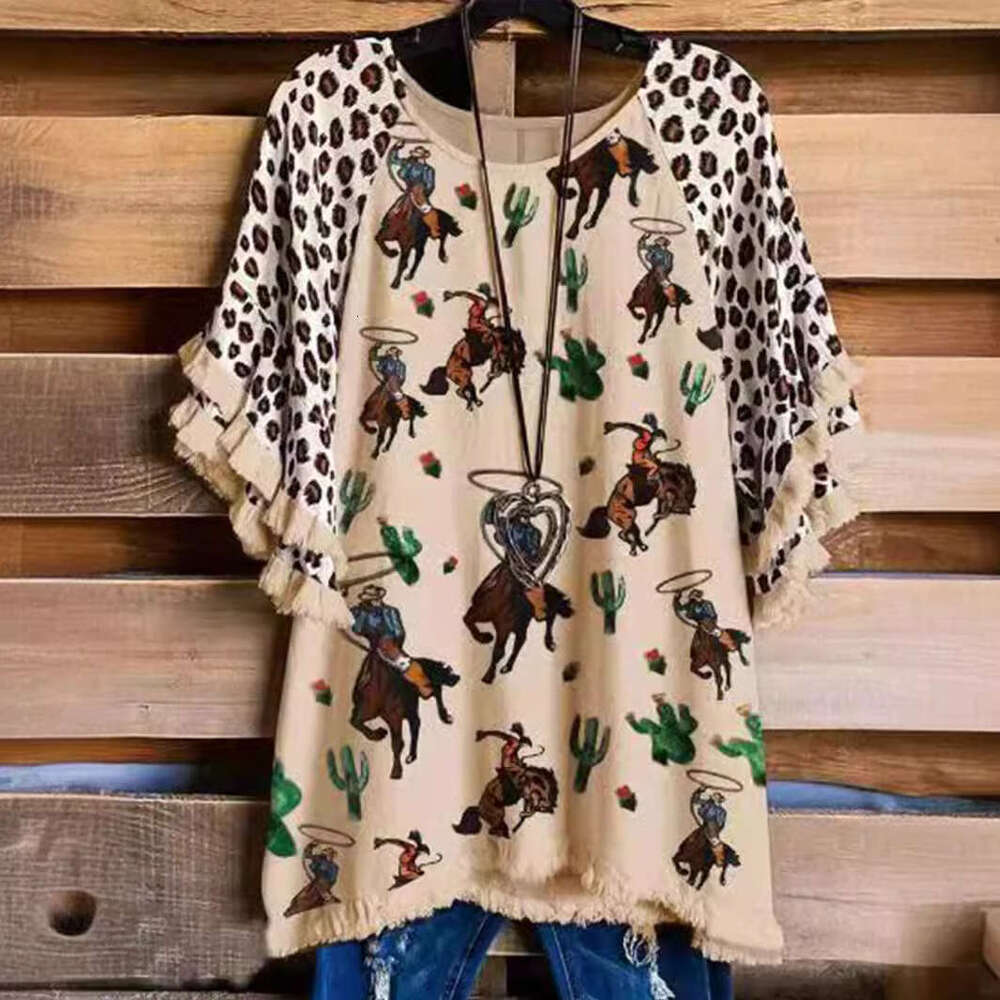 2021 Women's Round Neck Short Sleeve Printed Temperament Commuter Loose Cotton T-shirt with Head Set, 2024 New Casual Versatile Fashion Clothing