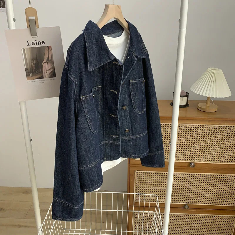 Retro dark blue denim jacket womens short sleeved lapel single chest loose wash womens long sleeved Jean Coats 241219