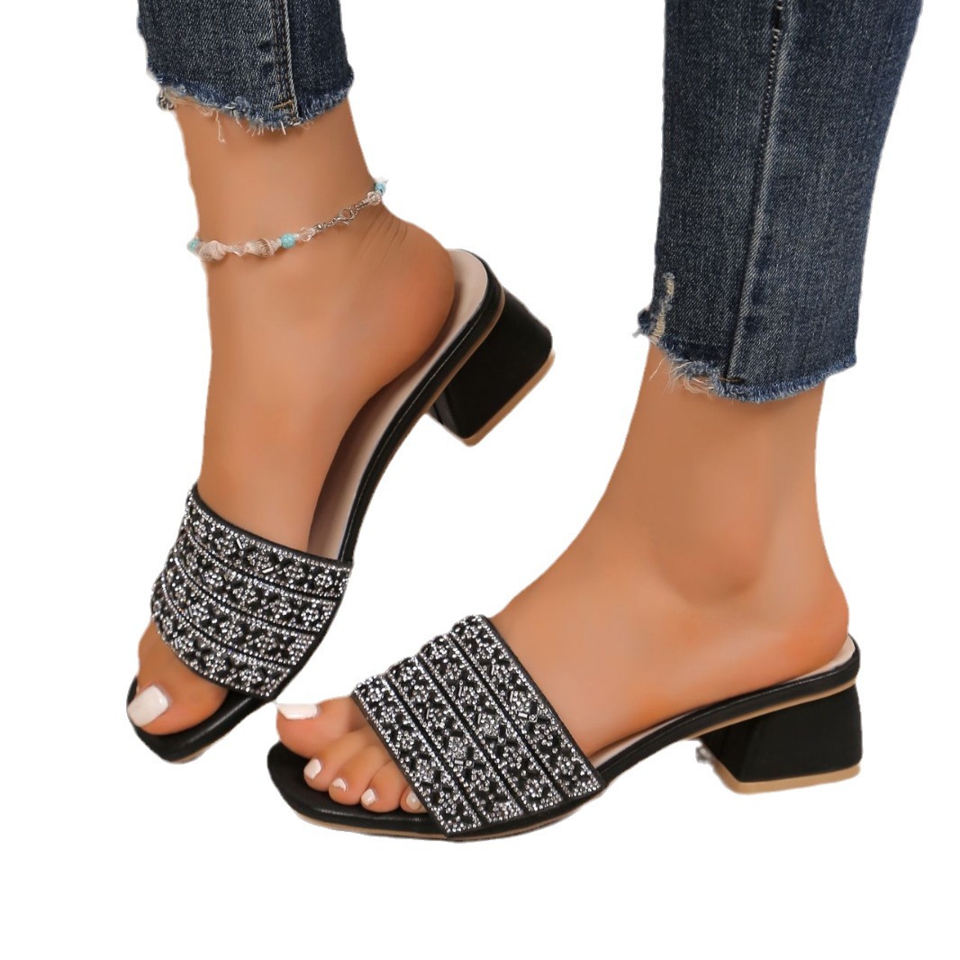 One-line rhine-diamond high Heels female European and American fashion chunky heels female Slippers Size 35-42