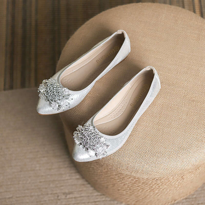 Bowknot Ballet Flats Chicken Rolls Mom Soft Sole Large Women's Rhinestone Beaded Single Shoes 40-43