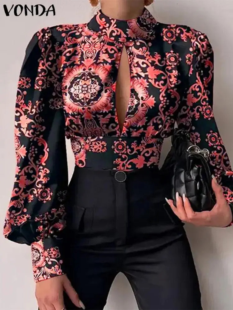 Plus Size VONDA Women Blouse High Neck Hollow Out Blusas Casual Long Lantern Sleeve Print American Style Fashion Sexy Tops 241218