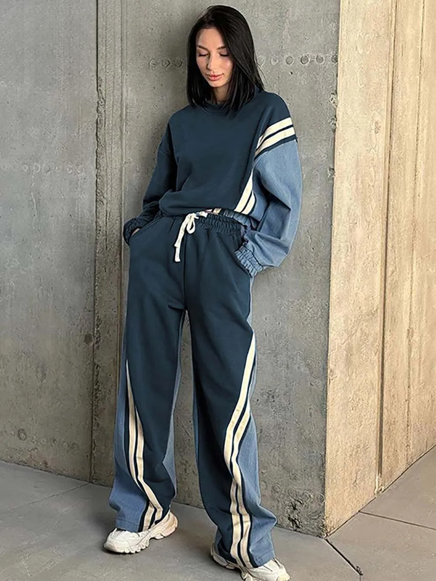 Casual Blue Patchwork Sets For Women 2 Pieces O-Neck Long Sleeve Blouse And Drawstring Straight Sweatpants Set Streetwear