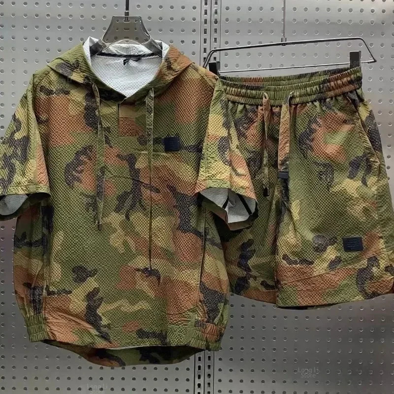 Mens Loose Light Breathable T-shirt Shorts Set Cargo Style Pocket Fashion Casual Sport Hoodies Short Sleeve Shorts Two-piece 241217