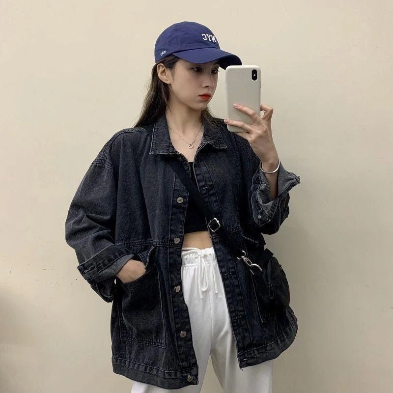 Xpqbb autumn womens denim jacket Korean long sleeved loose denim jacket womens Bf unisex large pocket button jacket 241219