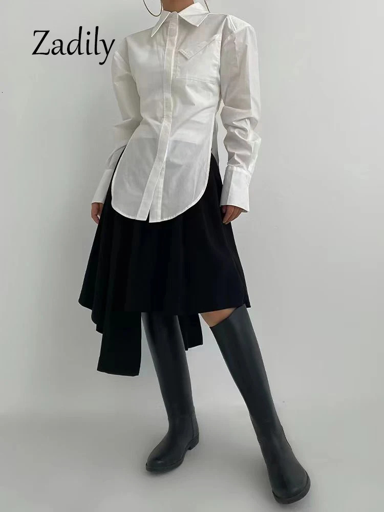 Zadily Summer In Streetwear Long Sleeve White Shirt Women Minimalist Pocket Button Up Ladies Tunic Blouse Female Tops 241218