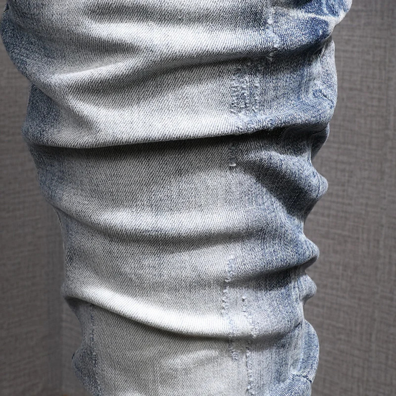 Fashion Men Jeans Retro Light Blue Stretch Slim Fit Printed Ripped Jeans Men Hole Trousers Vintage Casual Pants Hombre 241219