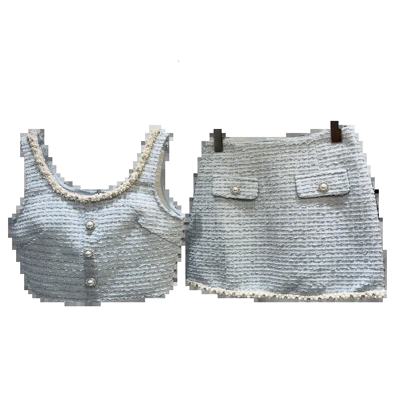 DEAT 2024 Summer Pearl Stud Edge Card Mysore High Waist Coarse Floral Short Sleeve Set for Women 11X9312 241211