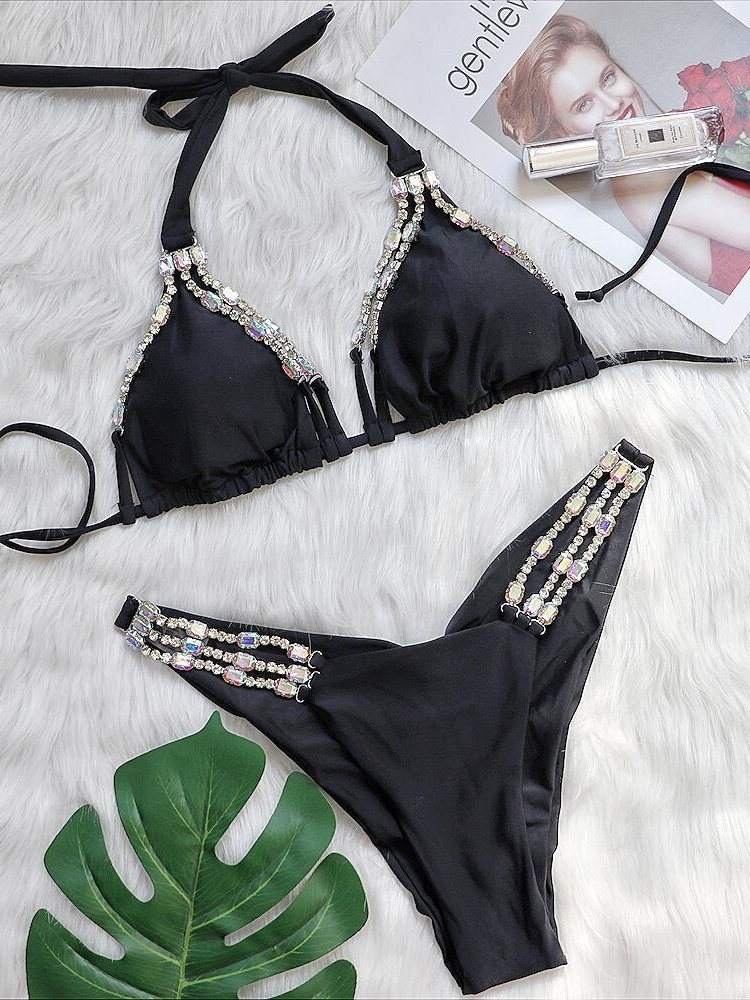 Sexy Bikini Designer Set Shining Hot Pink Push Up Thong Women's Swimsuit Brazilian Dia Metal Chain Beach Swimsuit