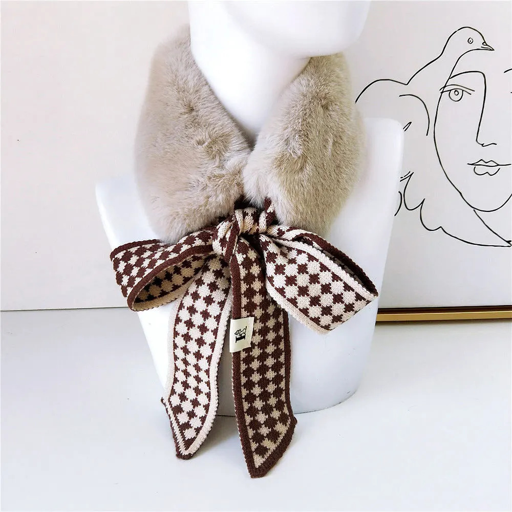 Winter Thick Warm Faux Rabbit Fur Neck Collar Scarf Neckerchief Women Houndstooth Knitted Scarfs for Ladies D195 241220