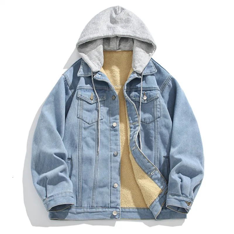 Winter Fleece Denim Jackets Men Solid Hat Detachable Casual Denim Coats Male Thick Warm Hooded High Quality Jean Parkas Outwear 241216