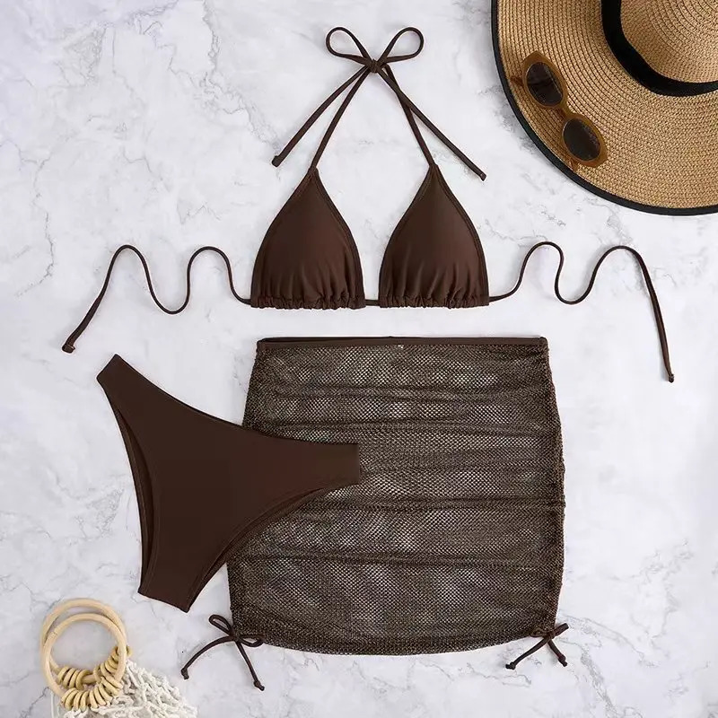 3-Piece Solid Triangle Striped Bikini 2025 Sexy Womens Drawstring Swimsuit 241220